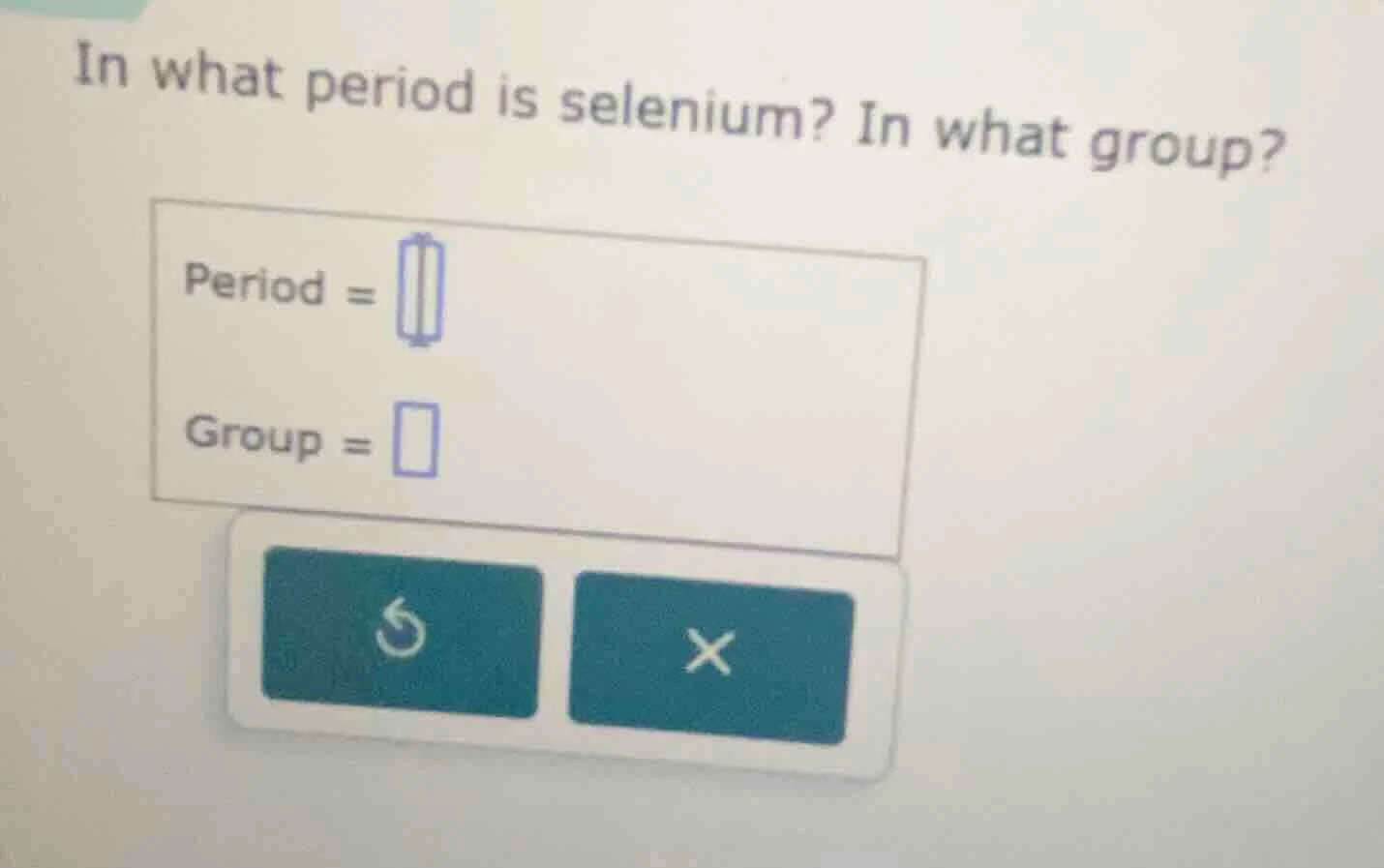 in what period is selenium? in what group? period = group =