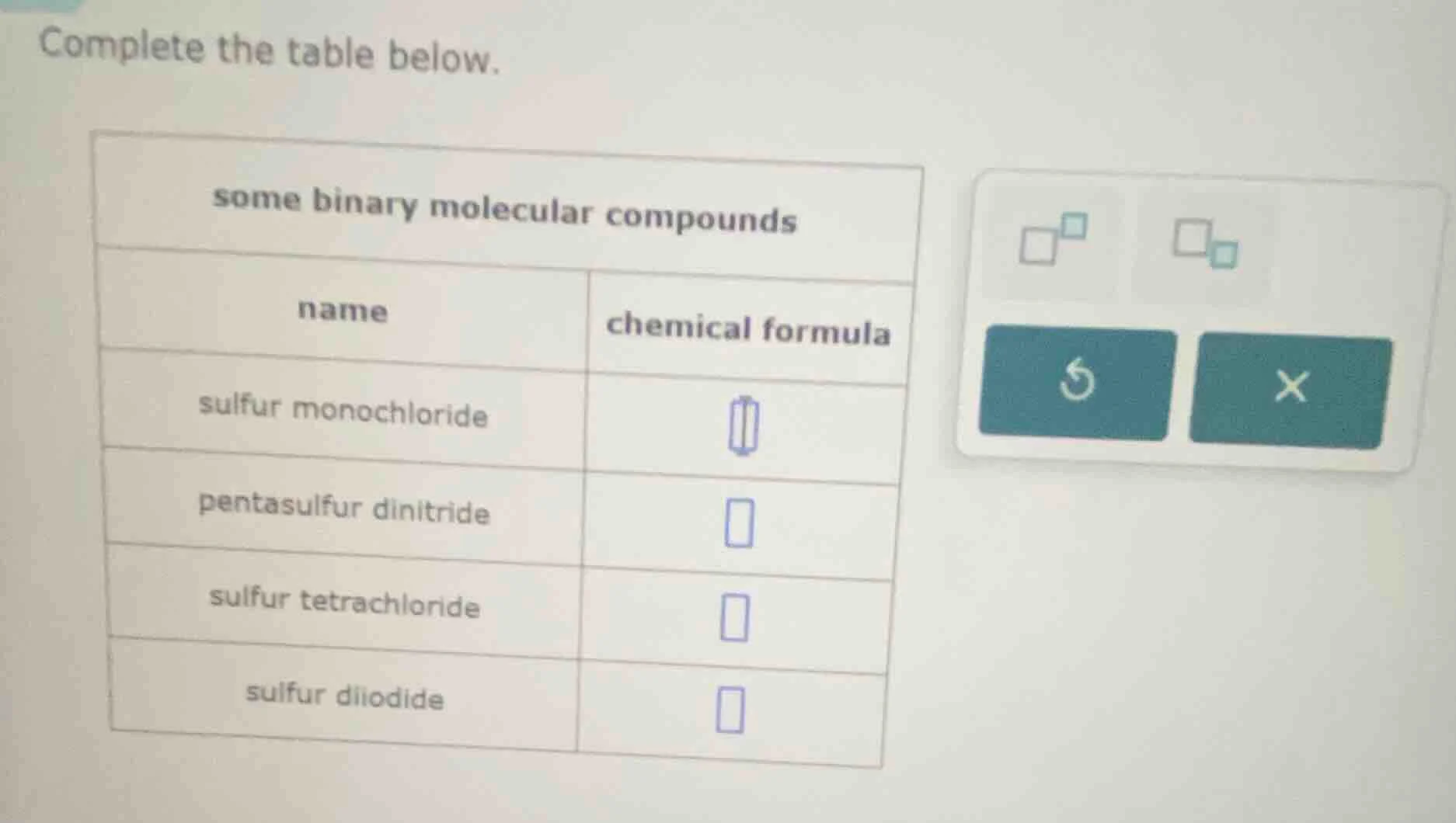 complete the table below. some binary molecular compounds name | chemic…
