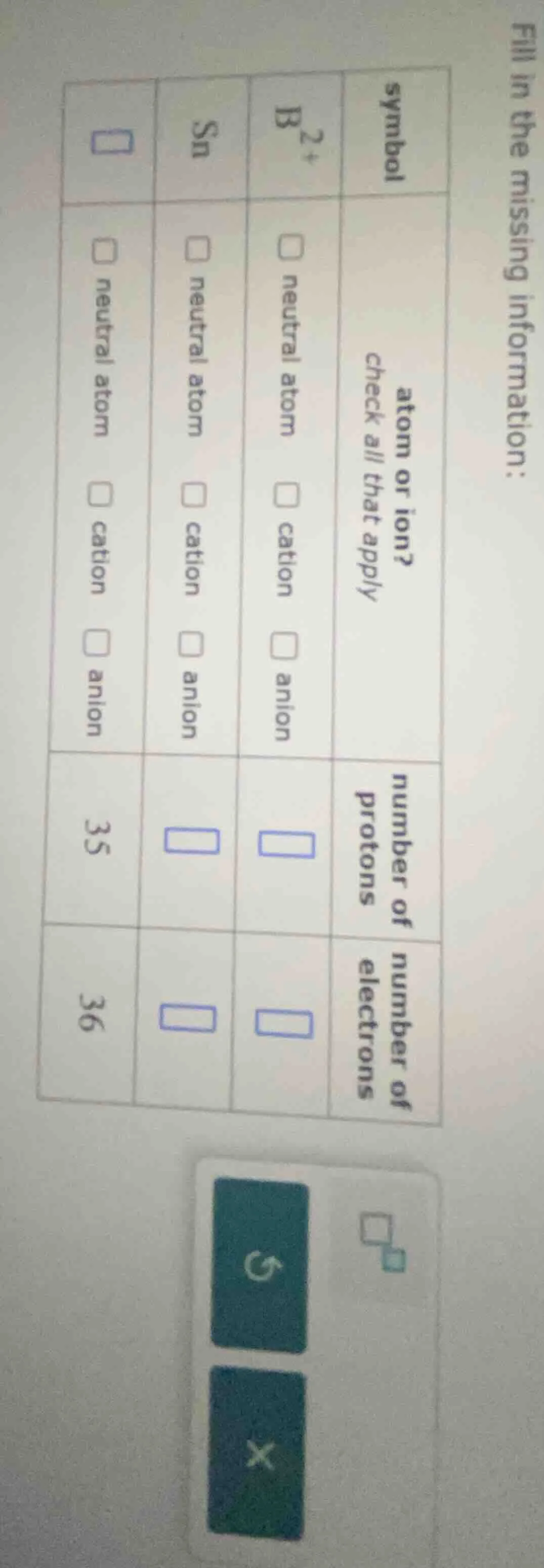 fill in the missing information: | symbol | atom or ion? (check all tha…