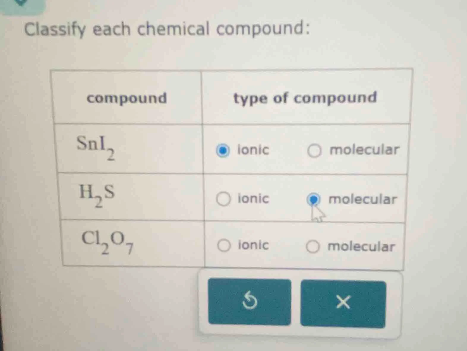classify each chemical compound: | compound | type of compound | | ----…