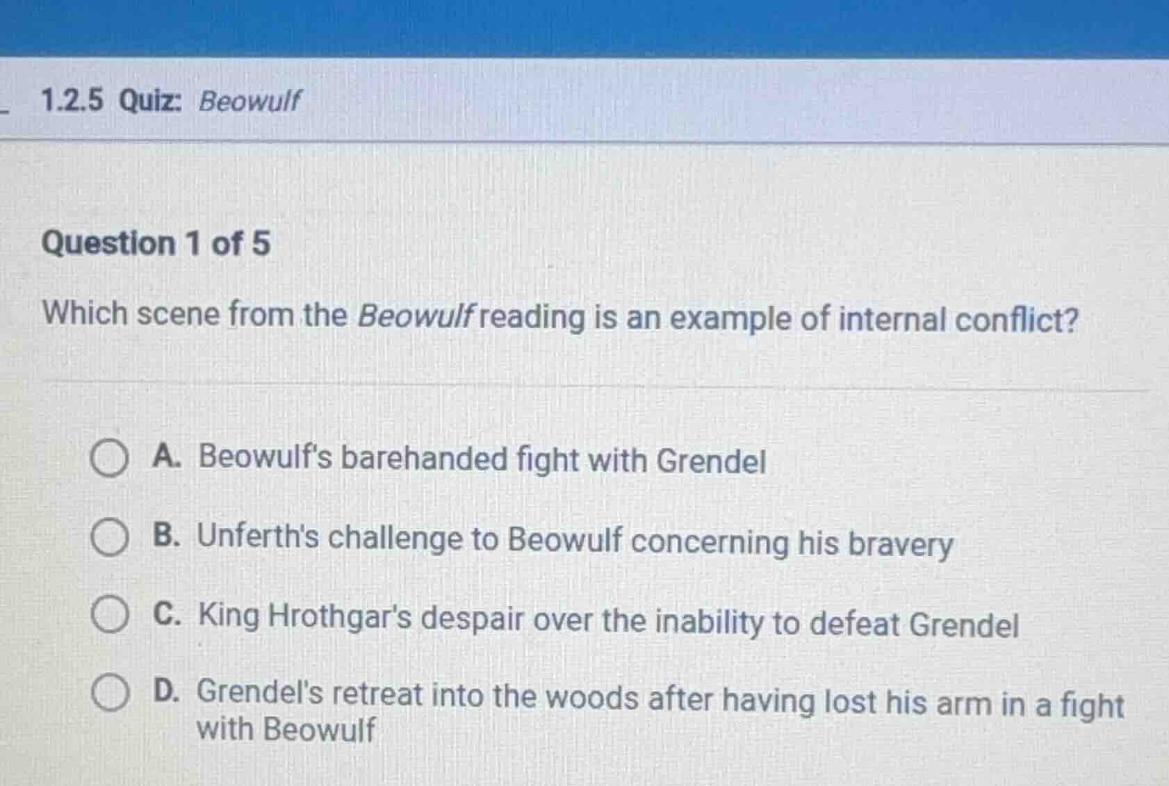 1.2.5 quiz: beowulf question 1 of 5 which scene from the beowulf readin…