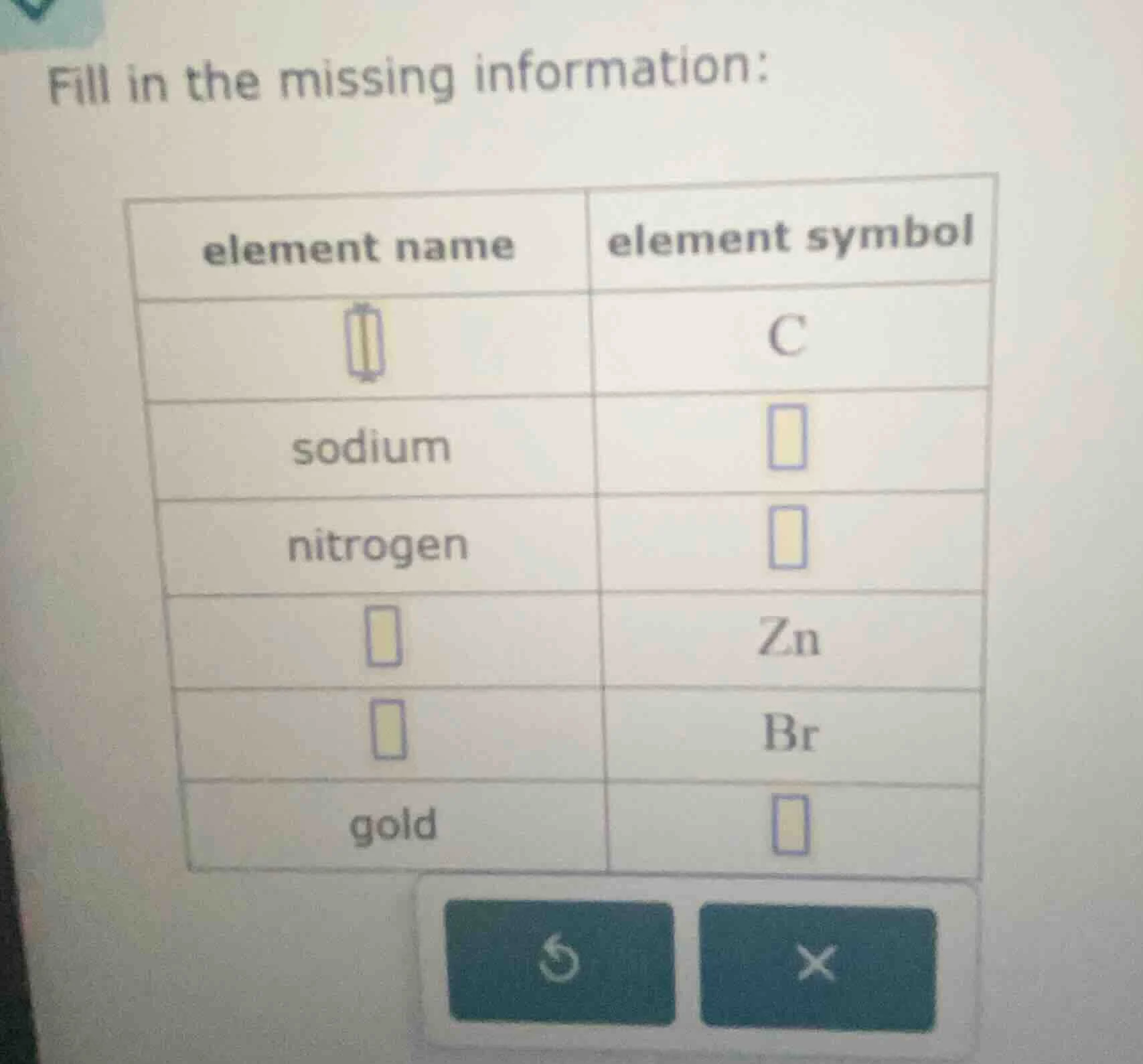fill in the missing information: | element name | element symbol | | --…