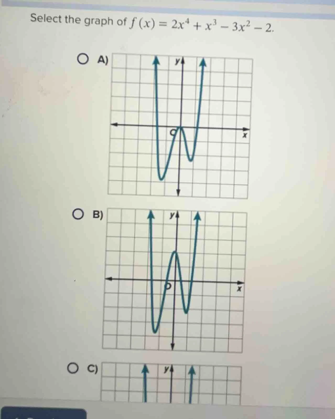 select the graph of $f(x) = 2x^4 + x^3 - 3x^2 - 2$. a) graph b) graph c…