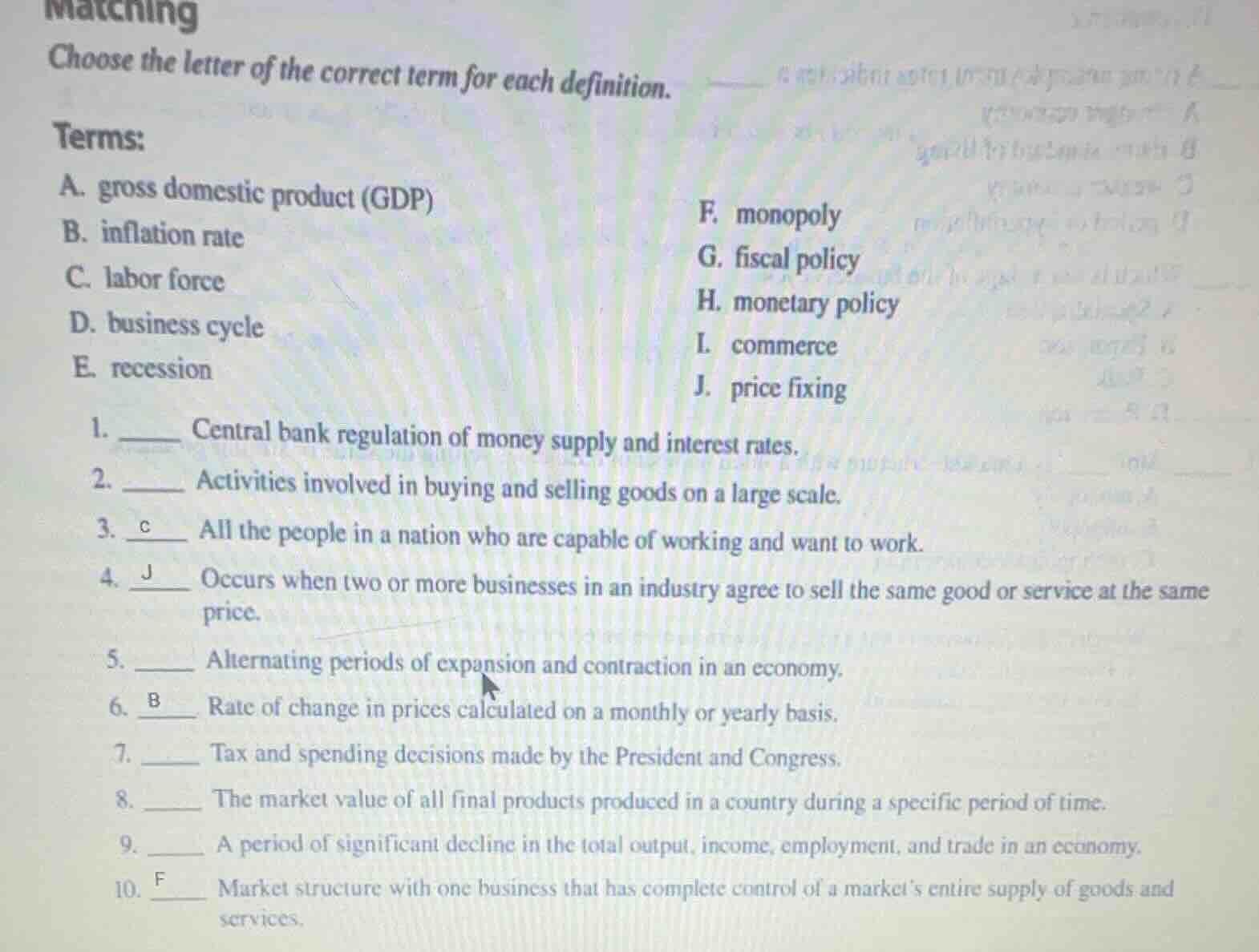 matching choose the letter of the correct term for each definition. ter…