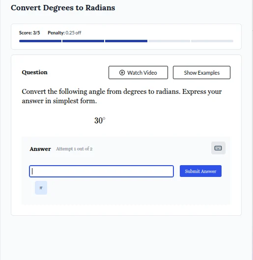 convert degrees to radians score:3/5 penalty:0.25 off question watch vi…