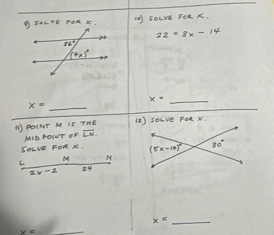 9) solve for x. diagram with two parallel lines and a transversal, 36° …