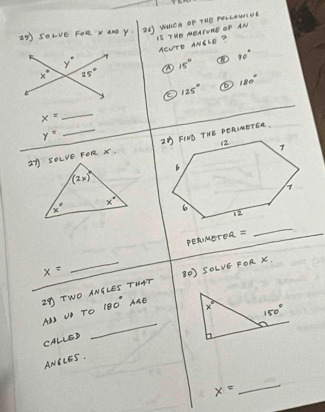 25) solve for x and y. (diagram of two intersecting lines with angles x…