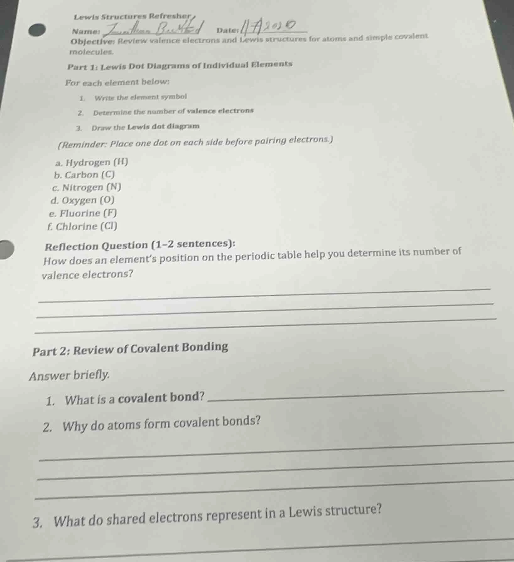 lewis structures refresher name: date: objective: review valence electr…