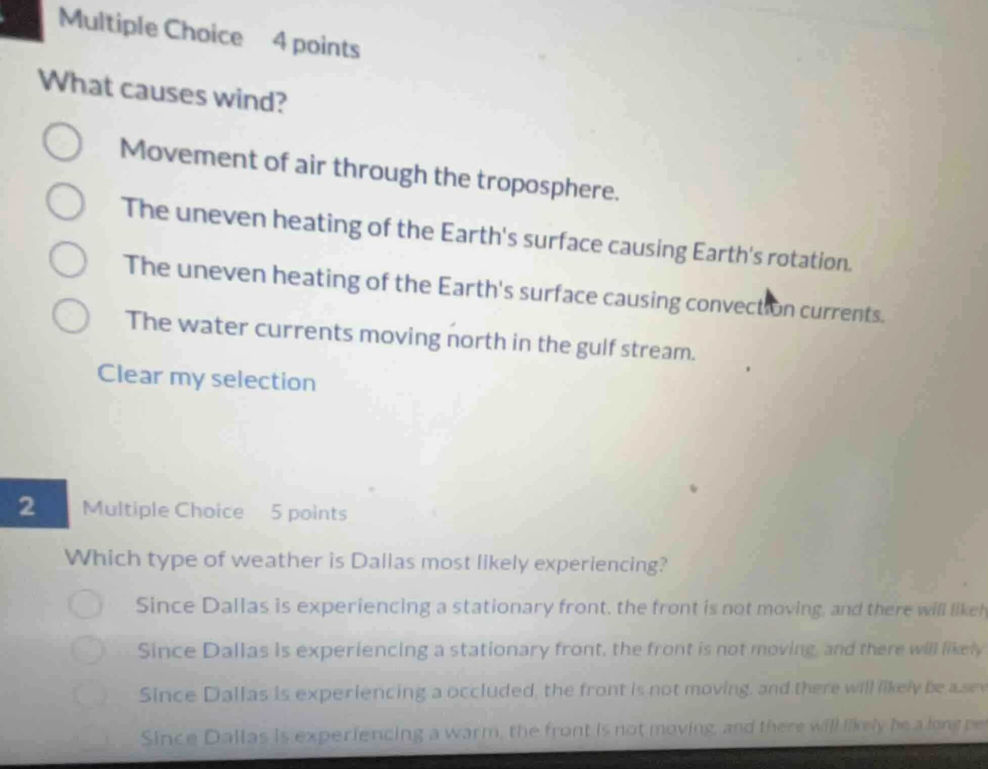 multiple choice 4 points what causes wind? movement of air through the …
