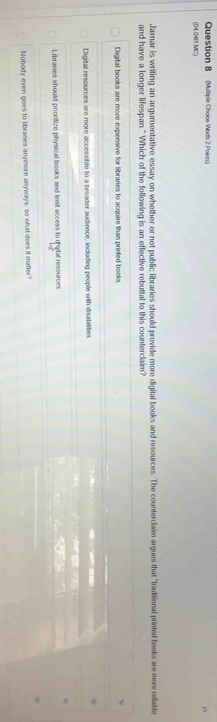 question 8 (multiple choice worth 2 points) (04.04r mc) jamar is writin…
