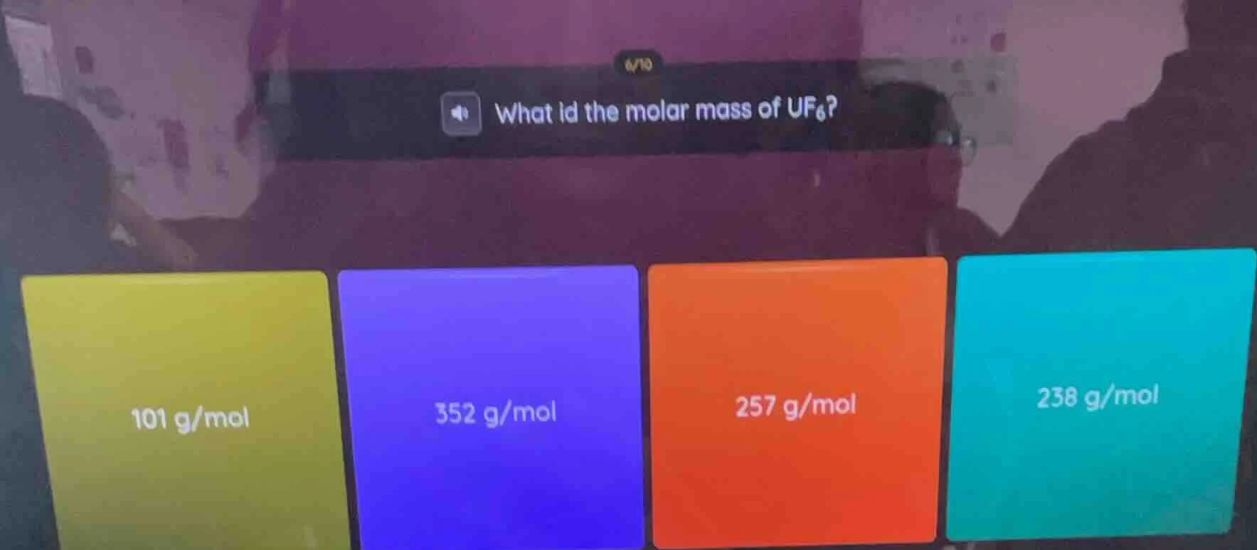 what id the molar mass of uf₆? 101 g/mol 352 g/mol 257 g/mol 238 g/mol