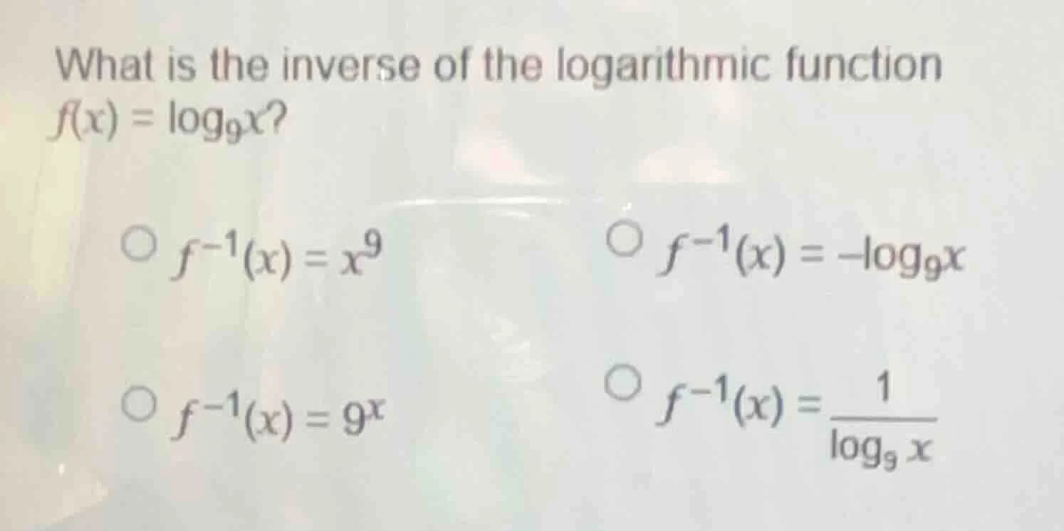 what is the inverse of the logarithmic function $f(x) = \\log_{9}x$? $\…
