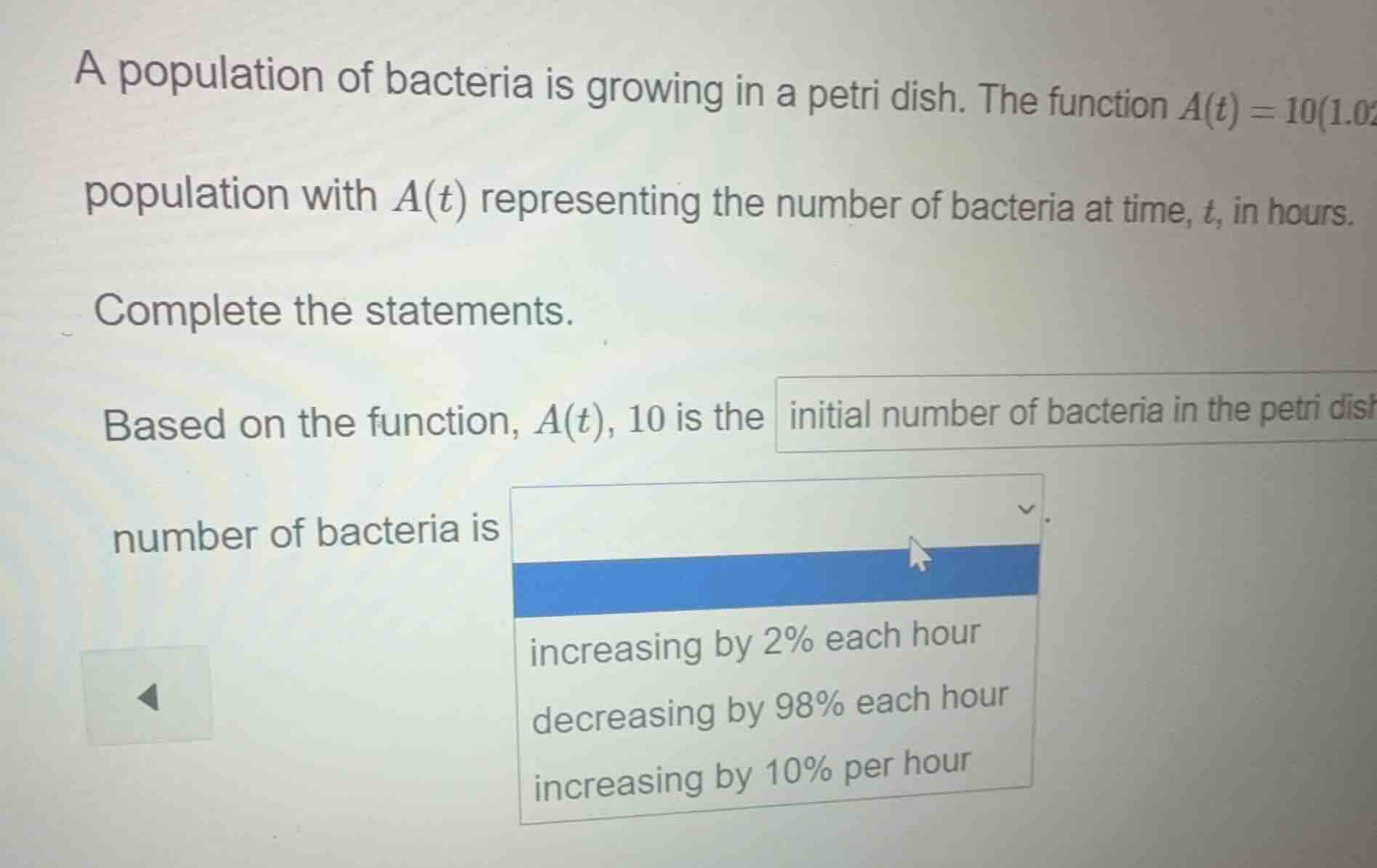 a population of bacteria is growing in a petri dish. the function $a(t)…