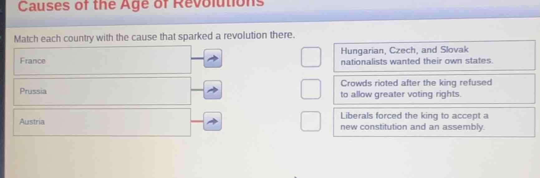 causes of the age of revolutions match each country with the cause that…