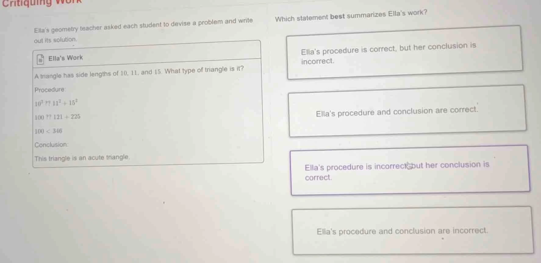 critiquing work ella’s geometry teacher asked each student to devise a …