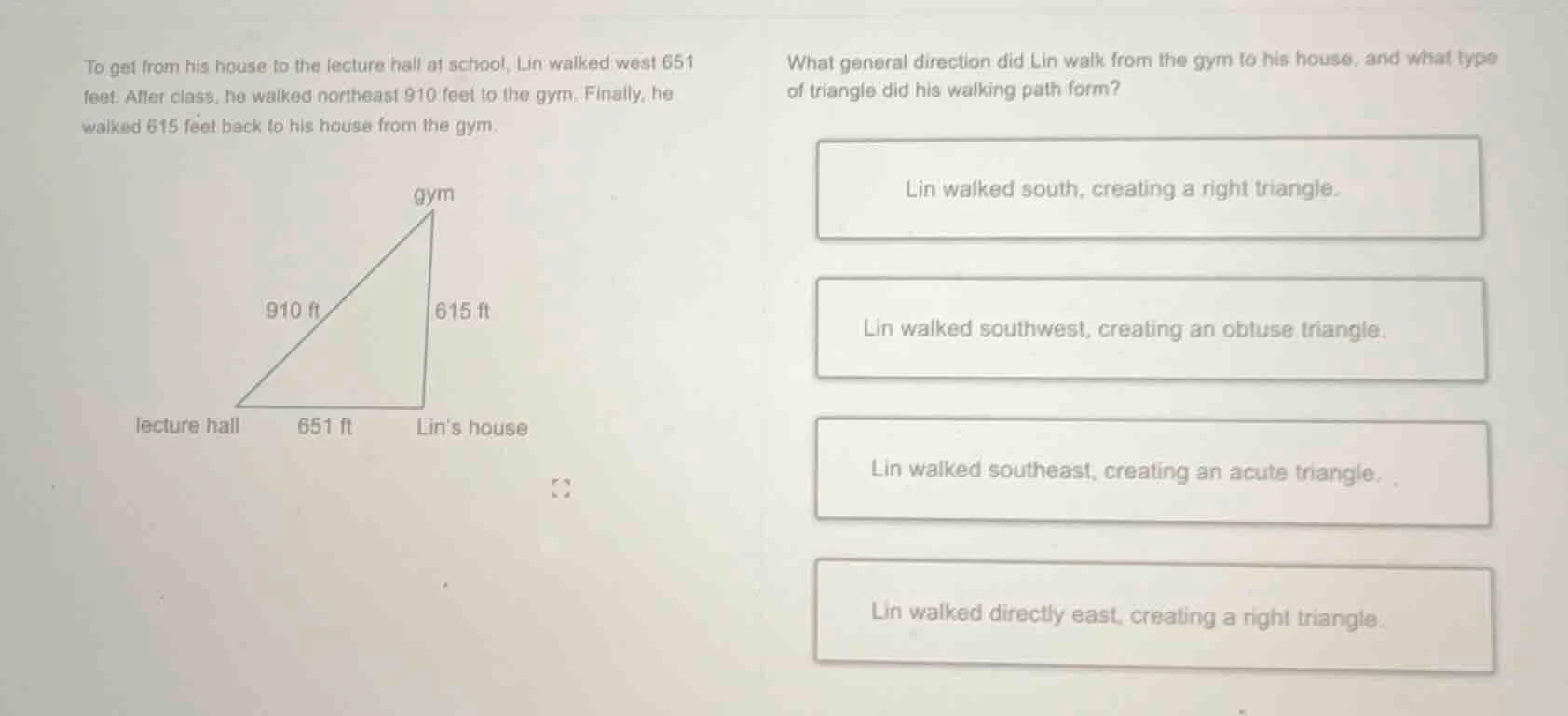 to get from his house to the lecture hall at school, lin walked west 65…