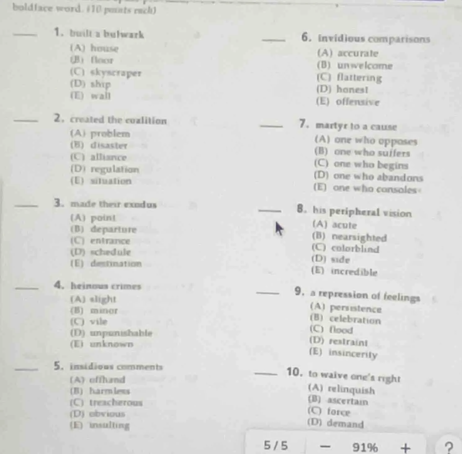 boldface word. (10 points each) 1. built a bulwark (a) house (b) floor …