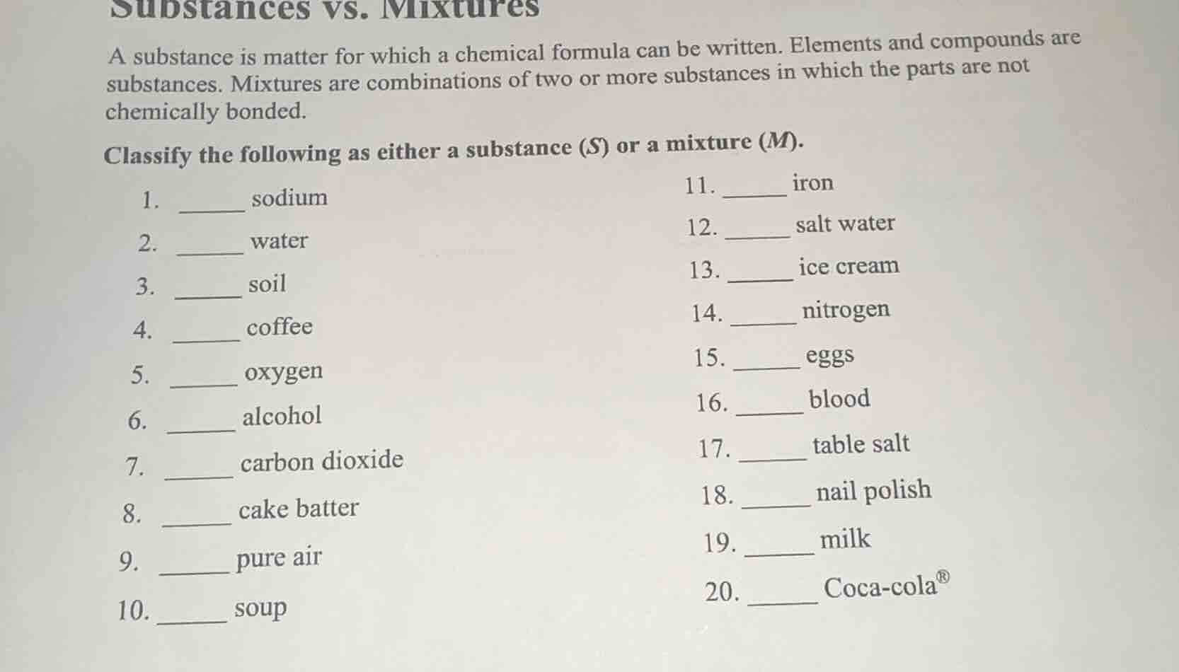 substances vs. mixtures a substance is matter for which a chemical form…