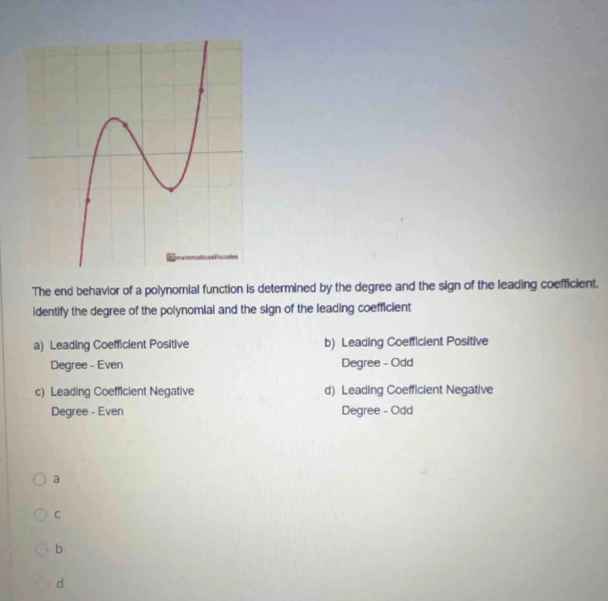 the end behavior of a polynomial function is determined by the degree a…