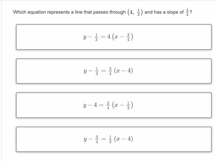 which equation represents a line that passes through \\(\\left(4, \\fra…