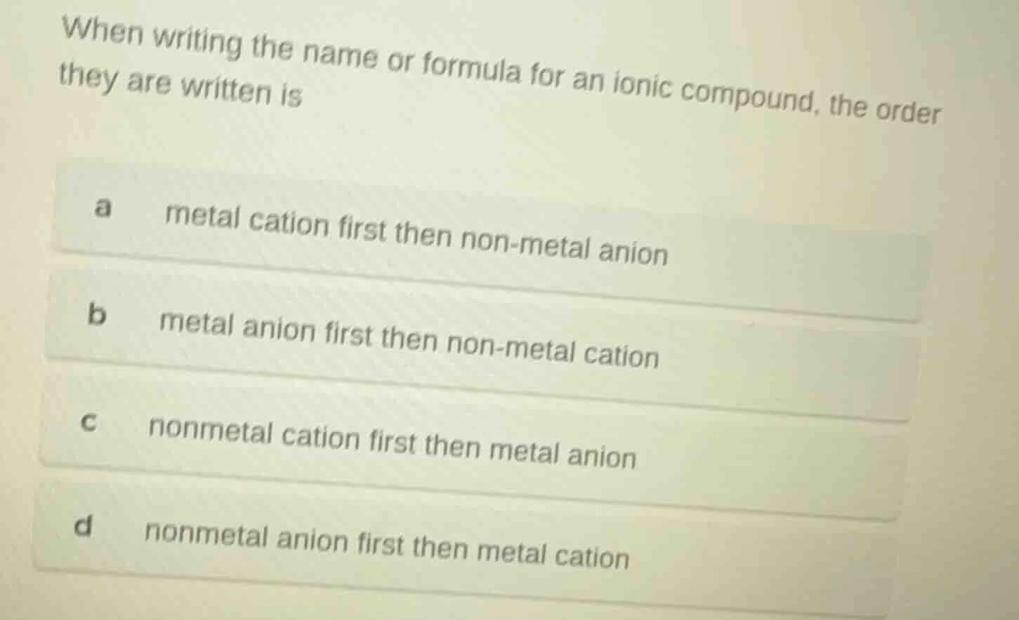 when writing the name or formula for an ionic compound, the order they …