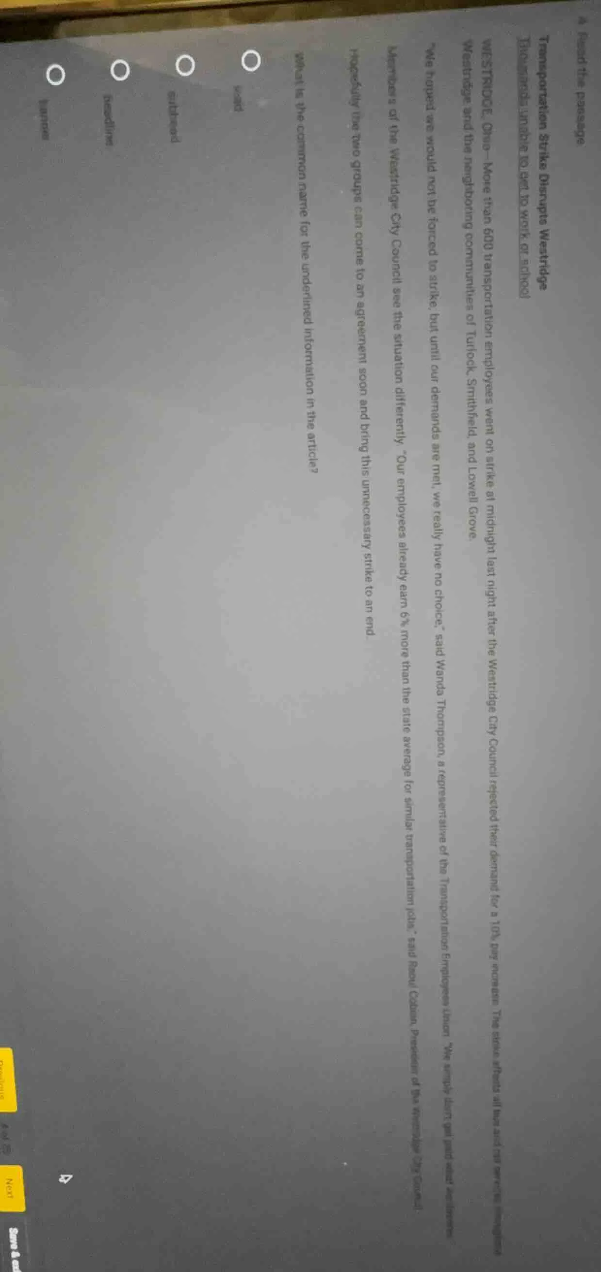 read the passage transportation strike disrupts westridge thousands una…