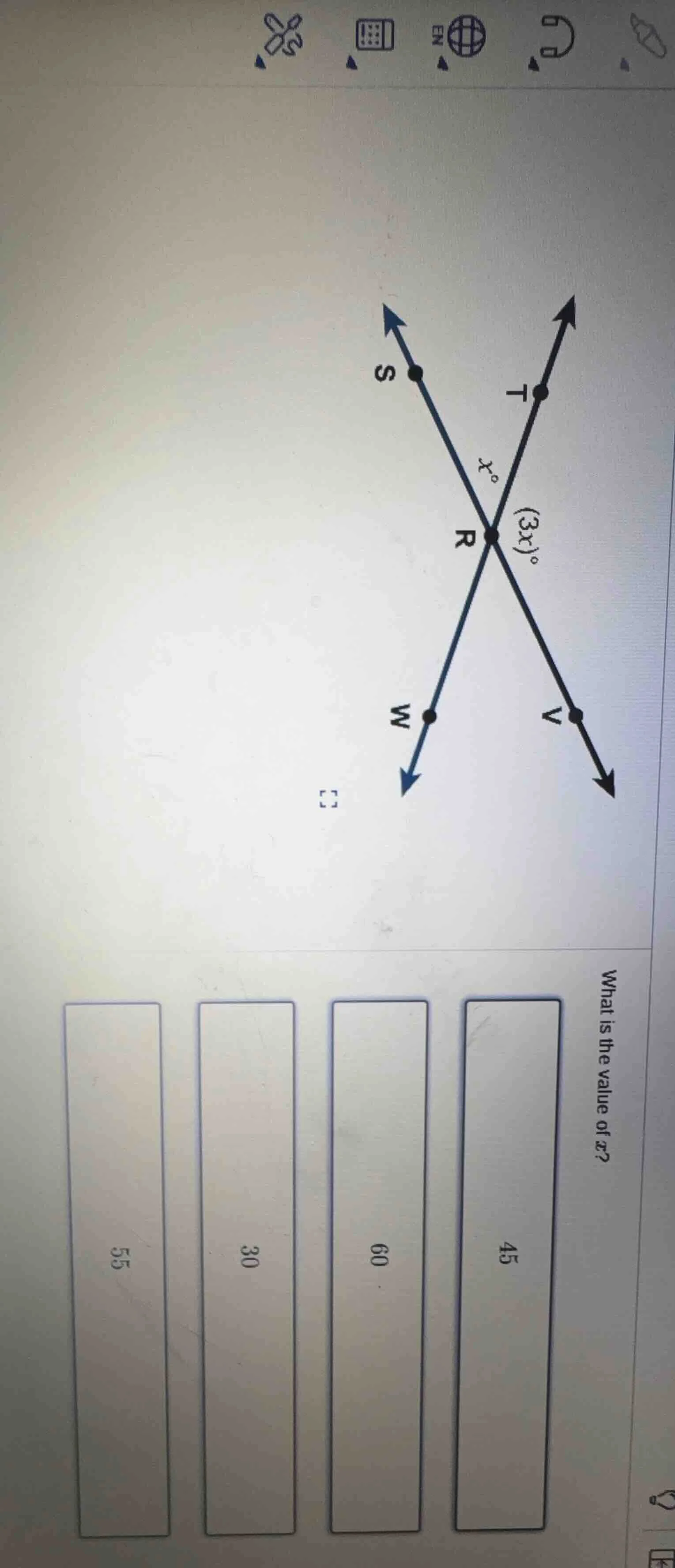 what is the value of x? (the image shows two intersecting lines at poin…