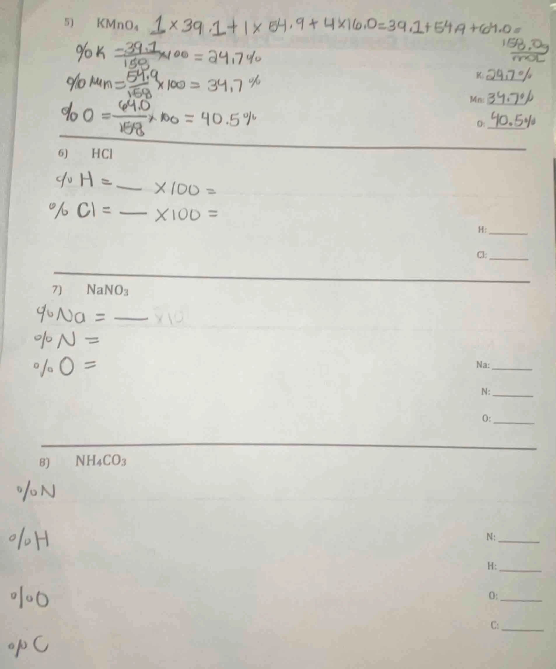 5) kmno₄ 1×39.1 + 1×54.9 + 4×16.0 = 39.1 + 54.9 + 64.0 = 158.0 g/mol % …