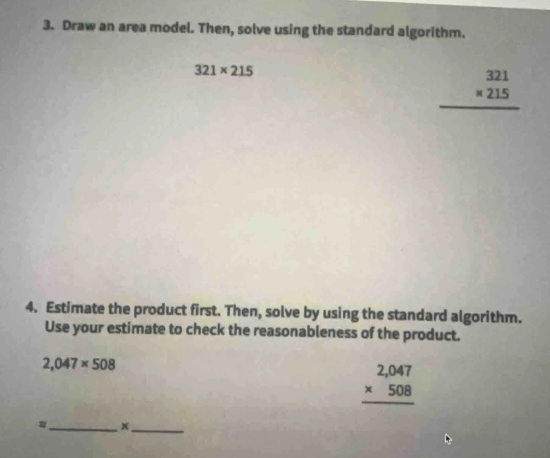 3. draw an area model. then, solve using the standard algorithm. 321 × …