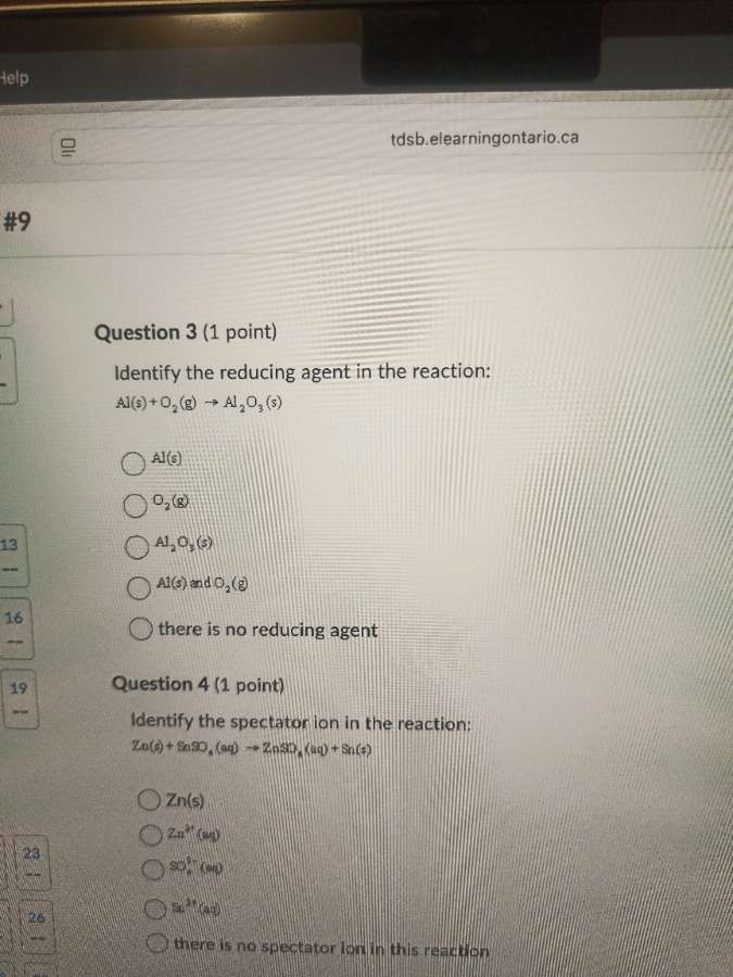 question 3 (1 point) identify the reducing agent in the reaction: al(s)…