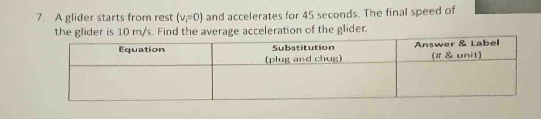 7. a glider starts from rest (v_i=0) and accelerates for 45 seconds. th…