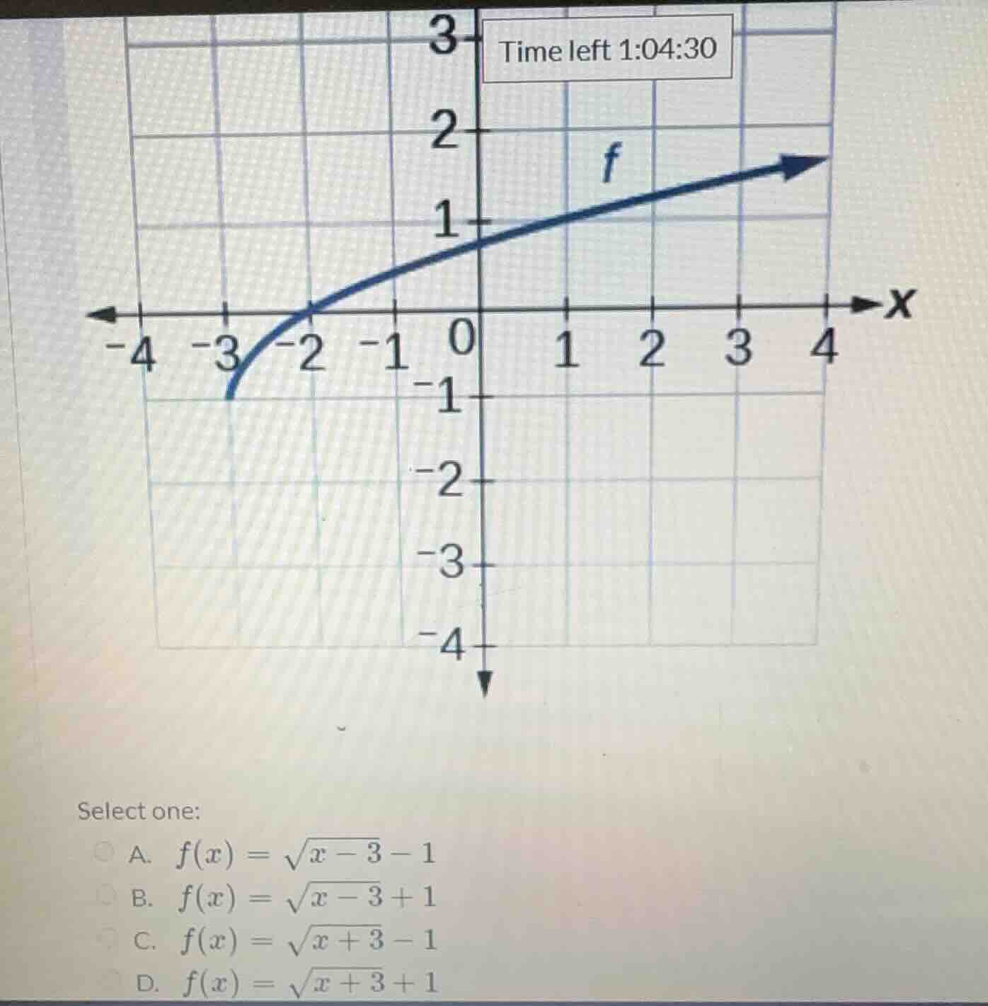 select one: a. $f(x) = \\sqrt{x - 3} - 1$ b. $f(x) = \\sqrt{x - 3} + 1$…