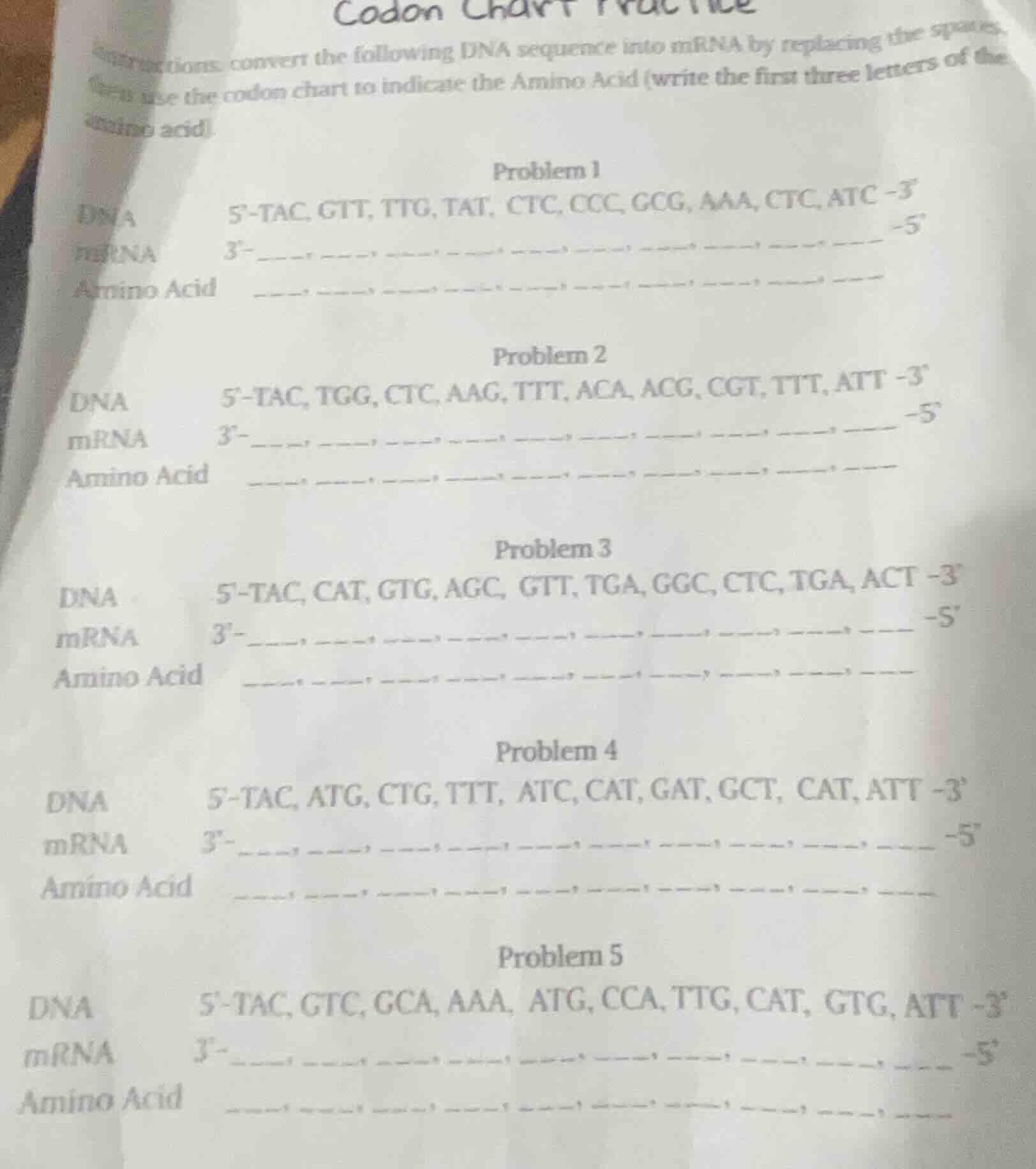 codon chart practice instructions: convert the following dna sequence i…