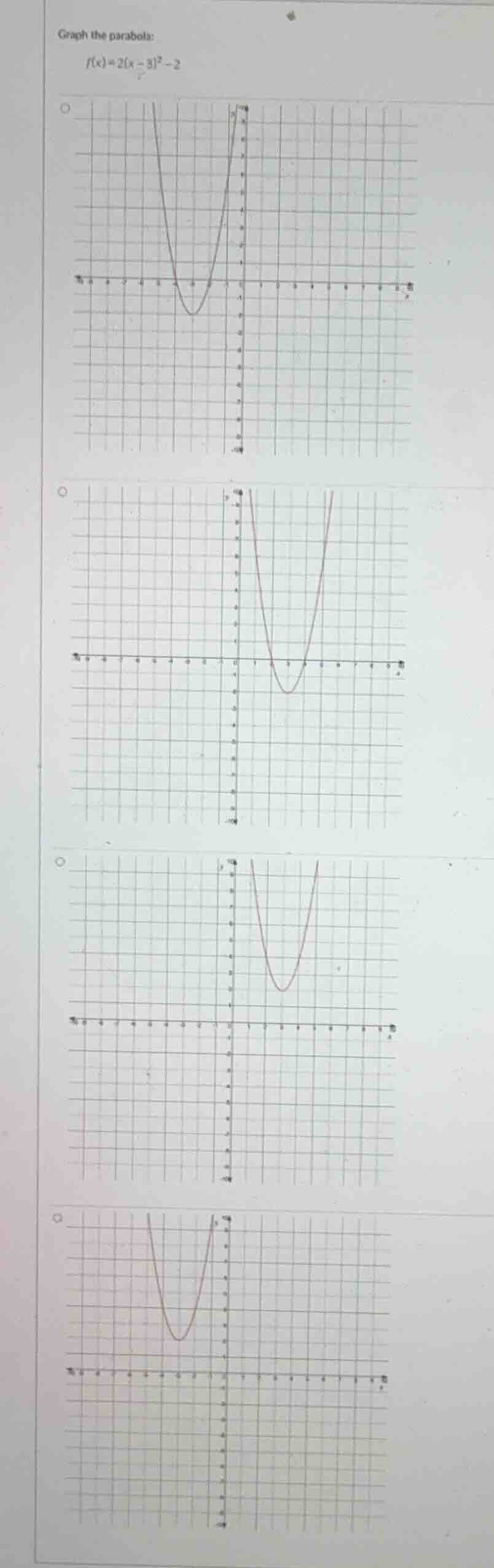graph the parabola: $f(x)=2(x - 3)^2 - 2$