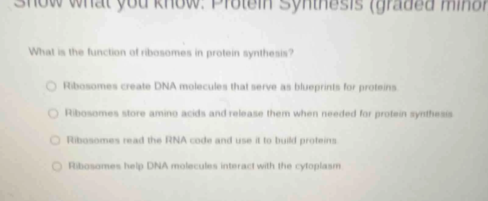 show what you know: protein synthesis (graded minor what is the functio…