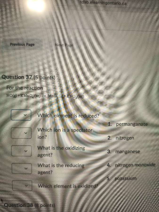question 37 (5 points) for the reaction no(g) + kmno₄(aq) → mno₂(s) + k…