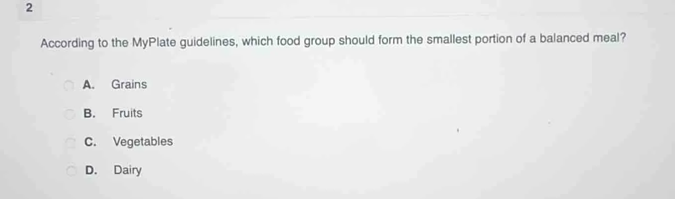 2 according to the myplate guidelines, which food group should form the…