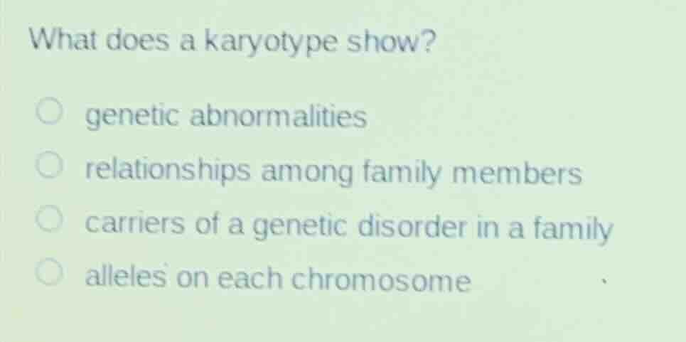 what does a karyotype show? ○ genetic abnormalities ○ relationships amo…