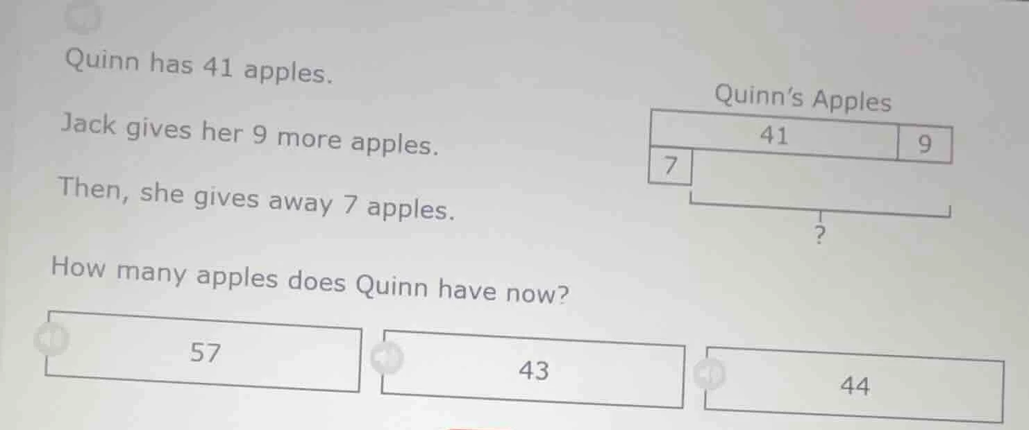 quinn has 41 apples. jack gives her 9 more apples. then, she gives away…