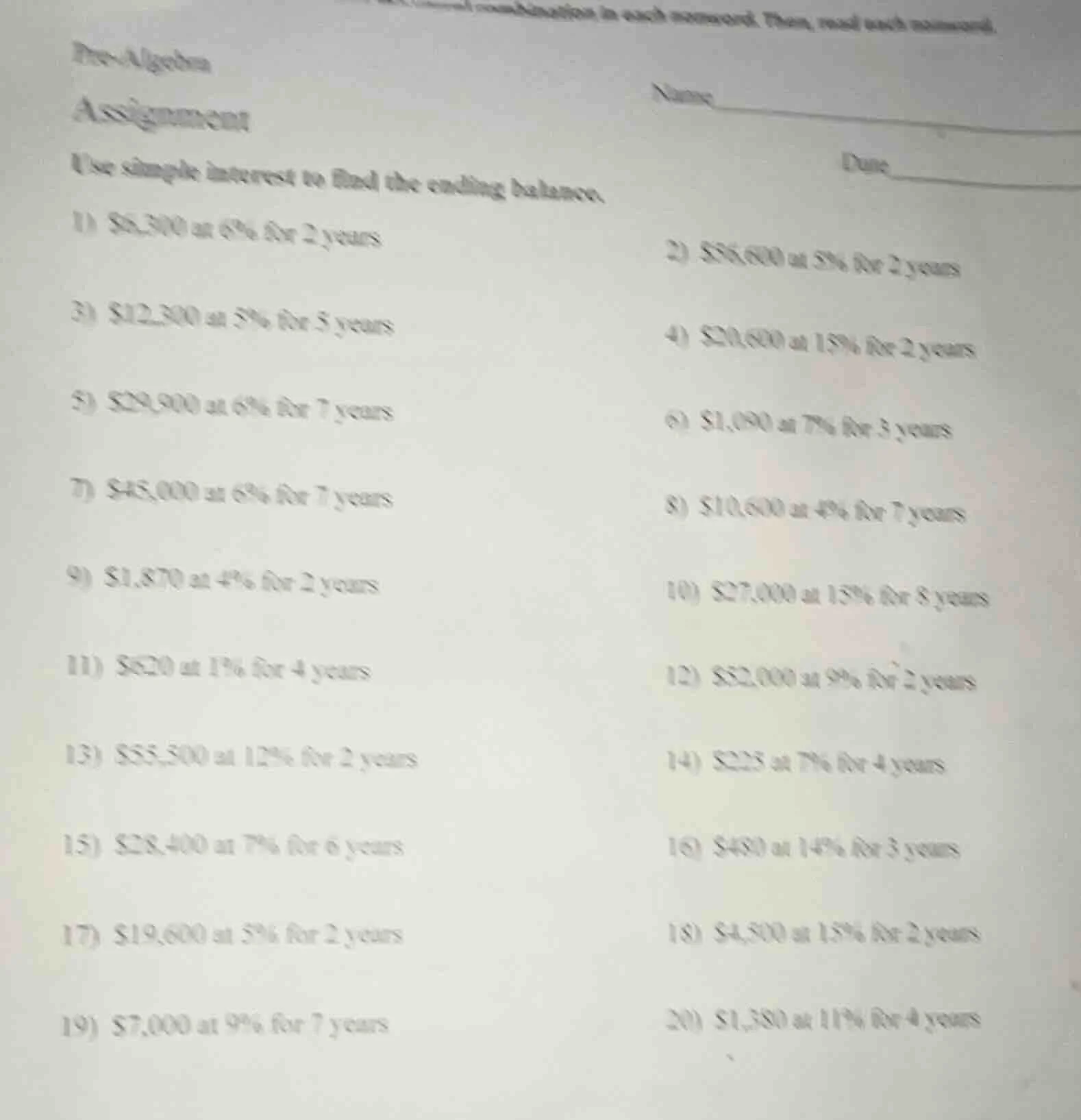 pre - algebra assignment name date use simple interest to find the endi…