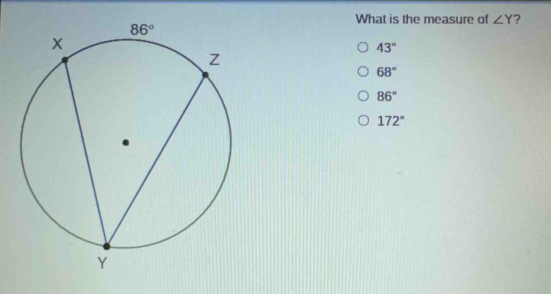 what is the measure of ∠y? options: 43°, 68°, 86°, 172° (there is a cir…