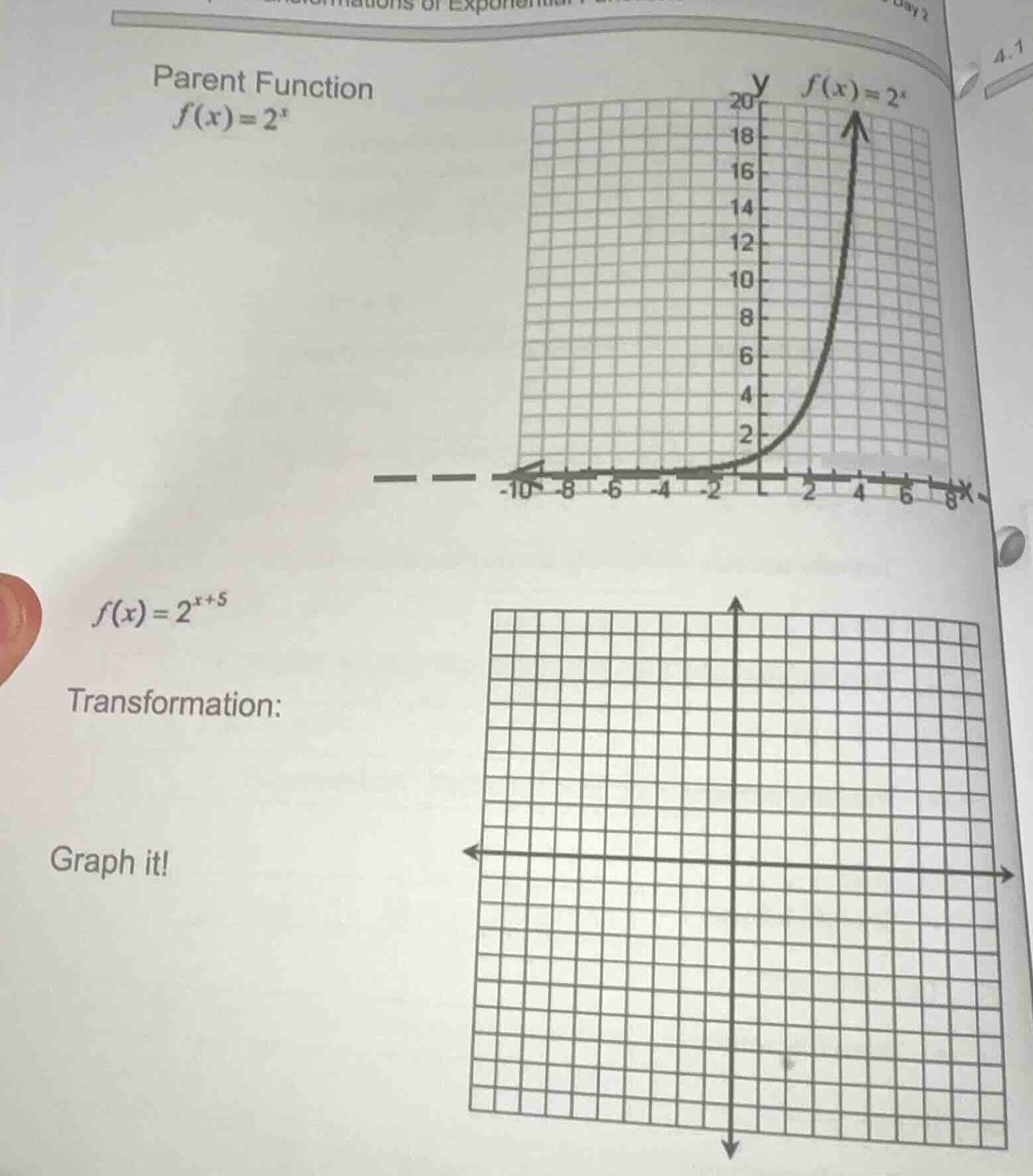 parent function $f(x)=2^x$ $f(x)=2^{x+5}$ transformation: graph it!