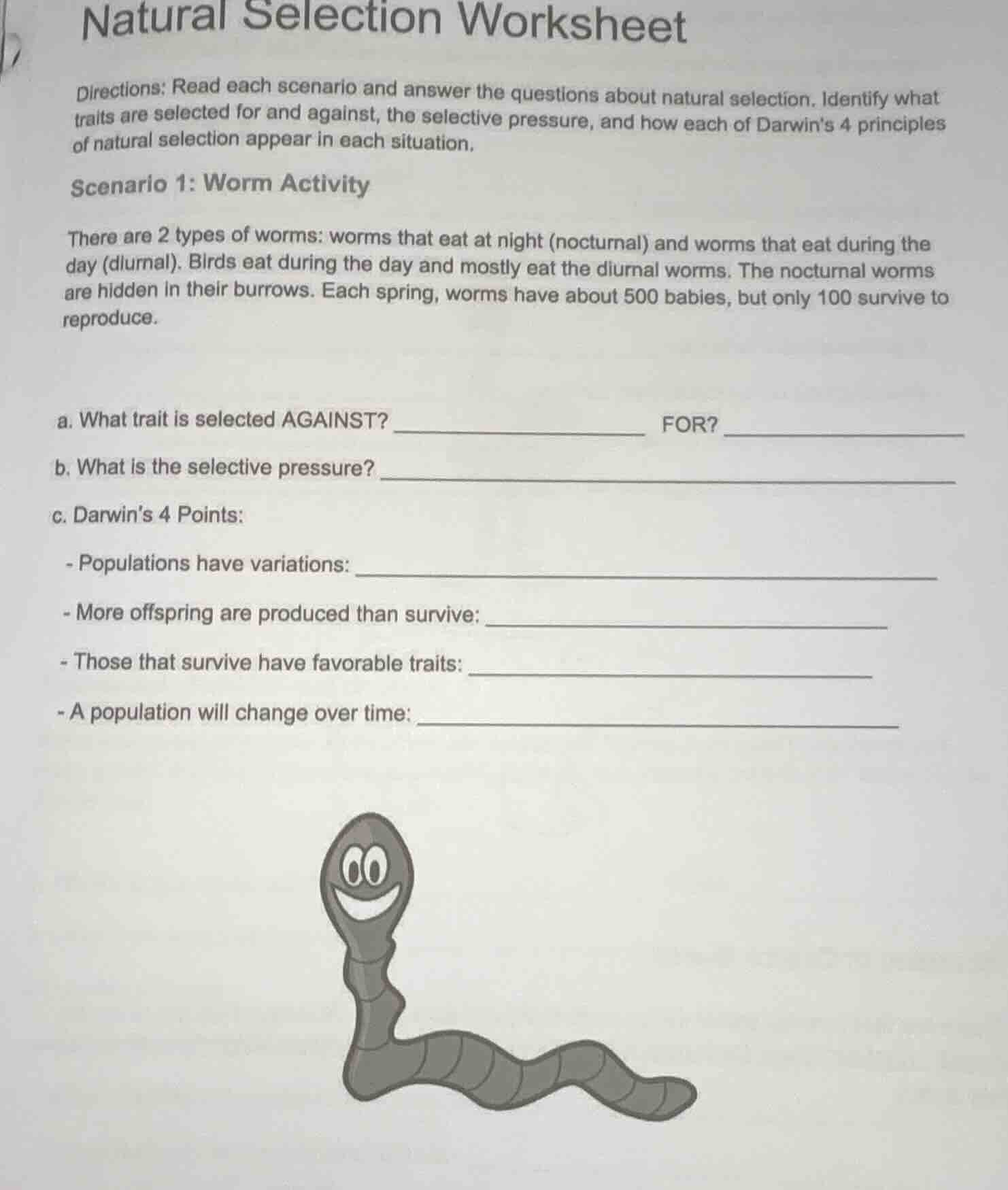 natural selection worksheet directions: read each scenario and answer t…