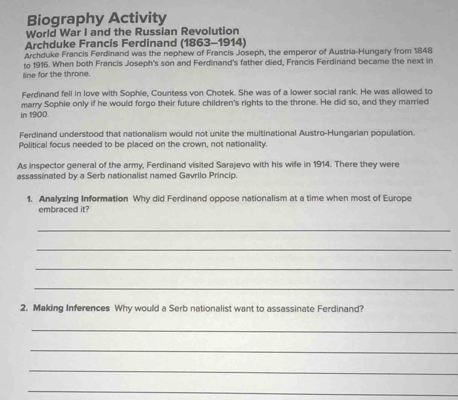 biography activity world war i and the russian revolution archduke fran…
