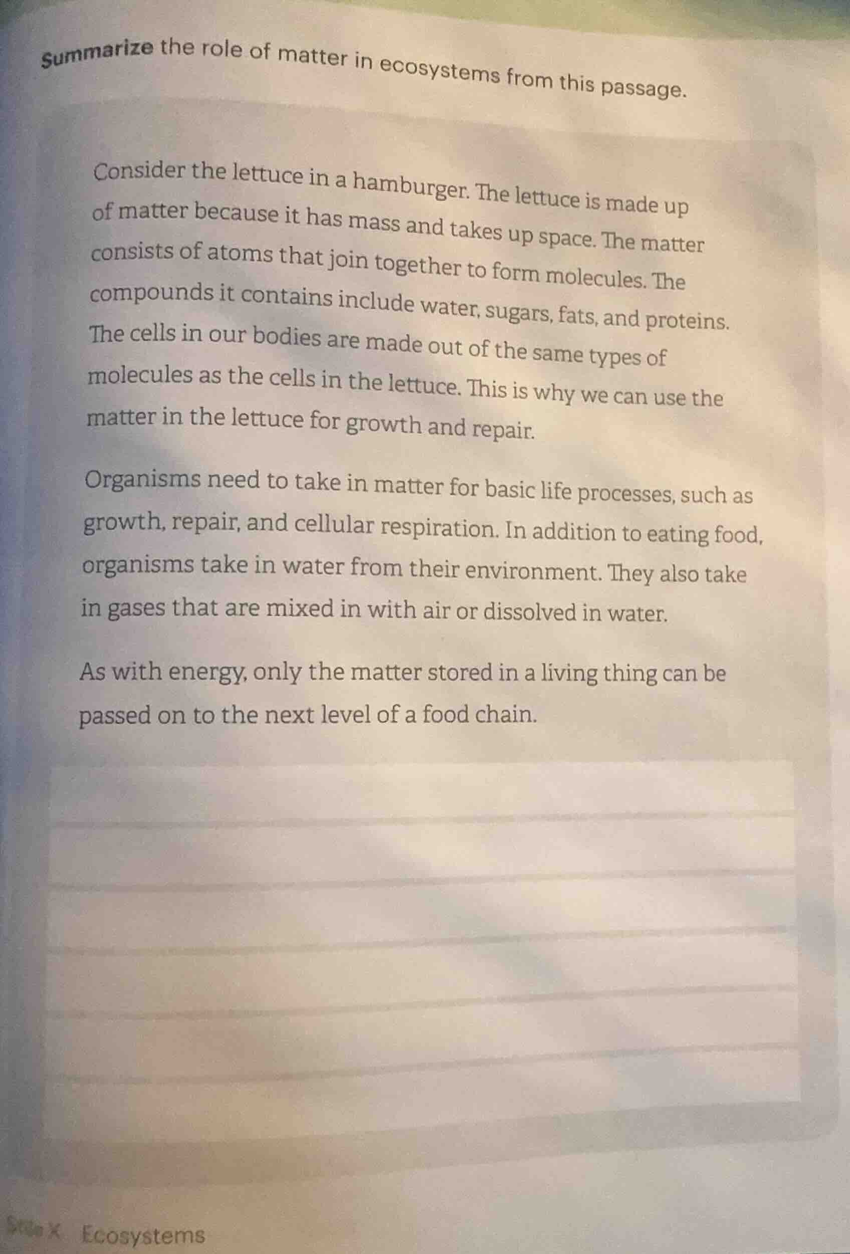 summarize the role of matter in ecosystems from this passage. consider …