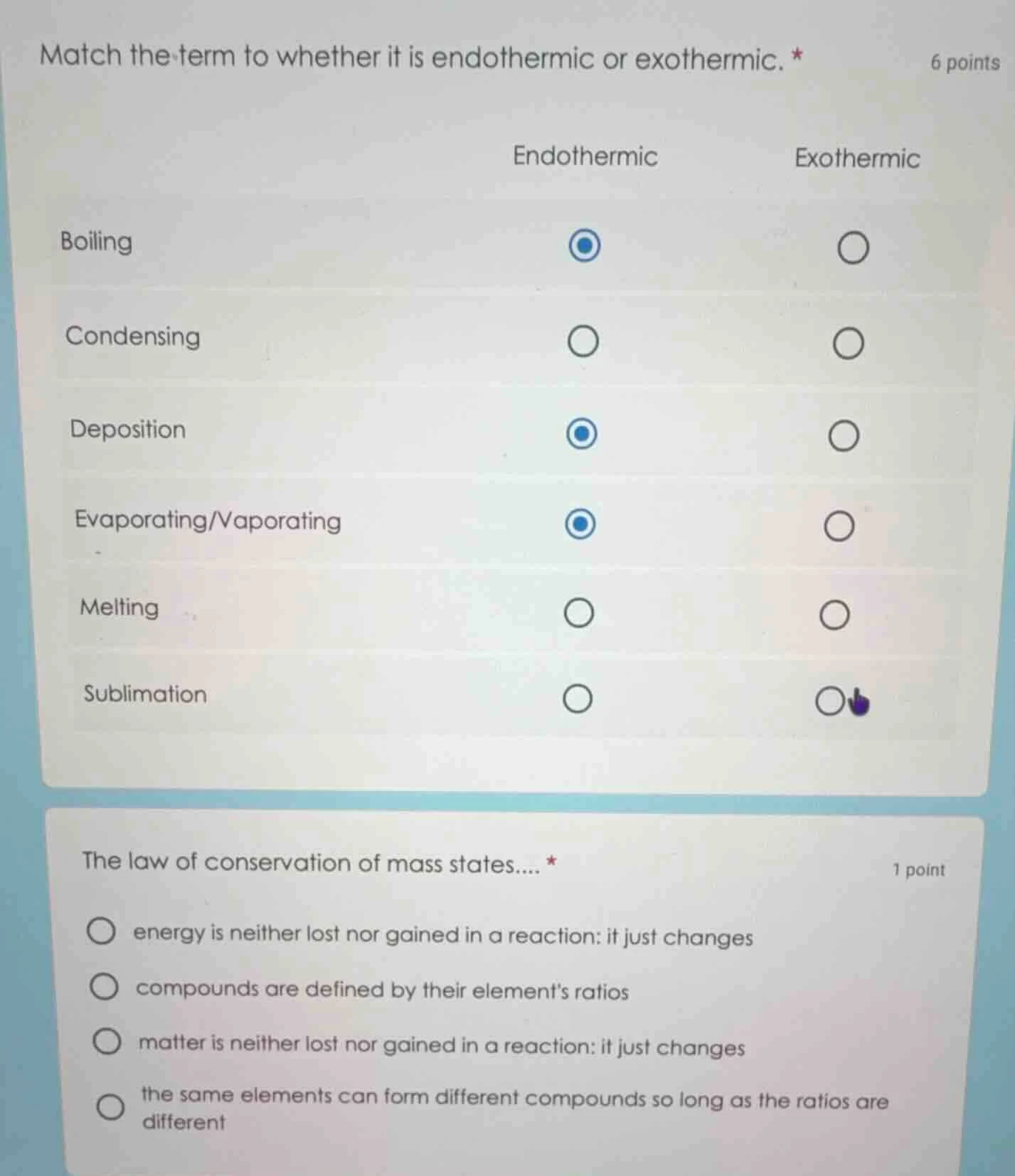 match the term to whether it is endothermic or exothermic. * 6 points e…