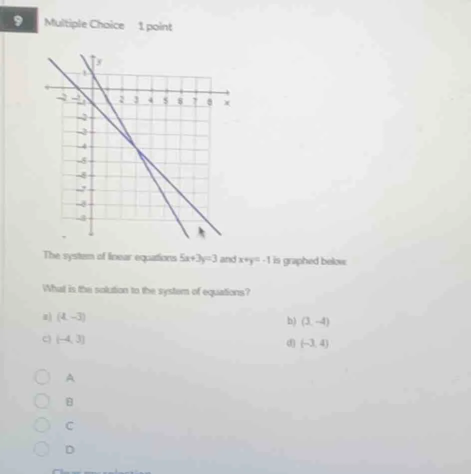 9 multiple choice 1 point the system of linear equations $5x + 3y = 3$ …