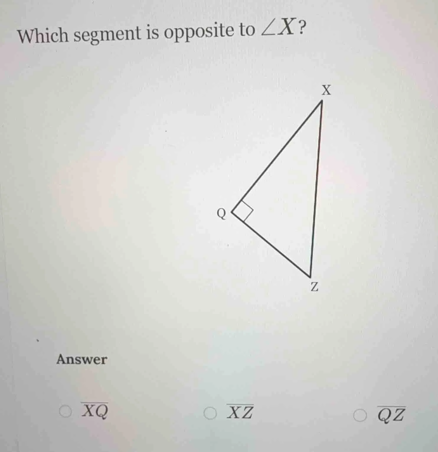 which segment is opposite to $\\angle x$? right triangle with right ang…