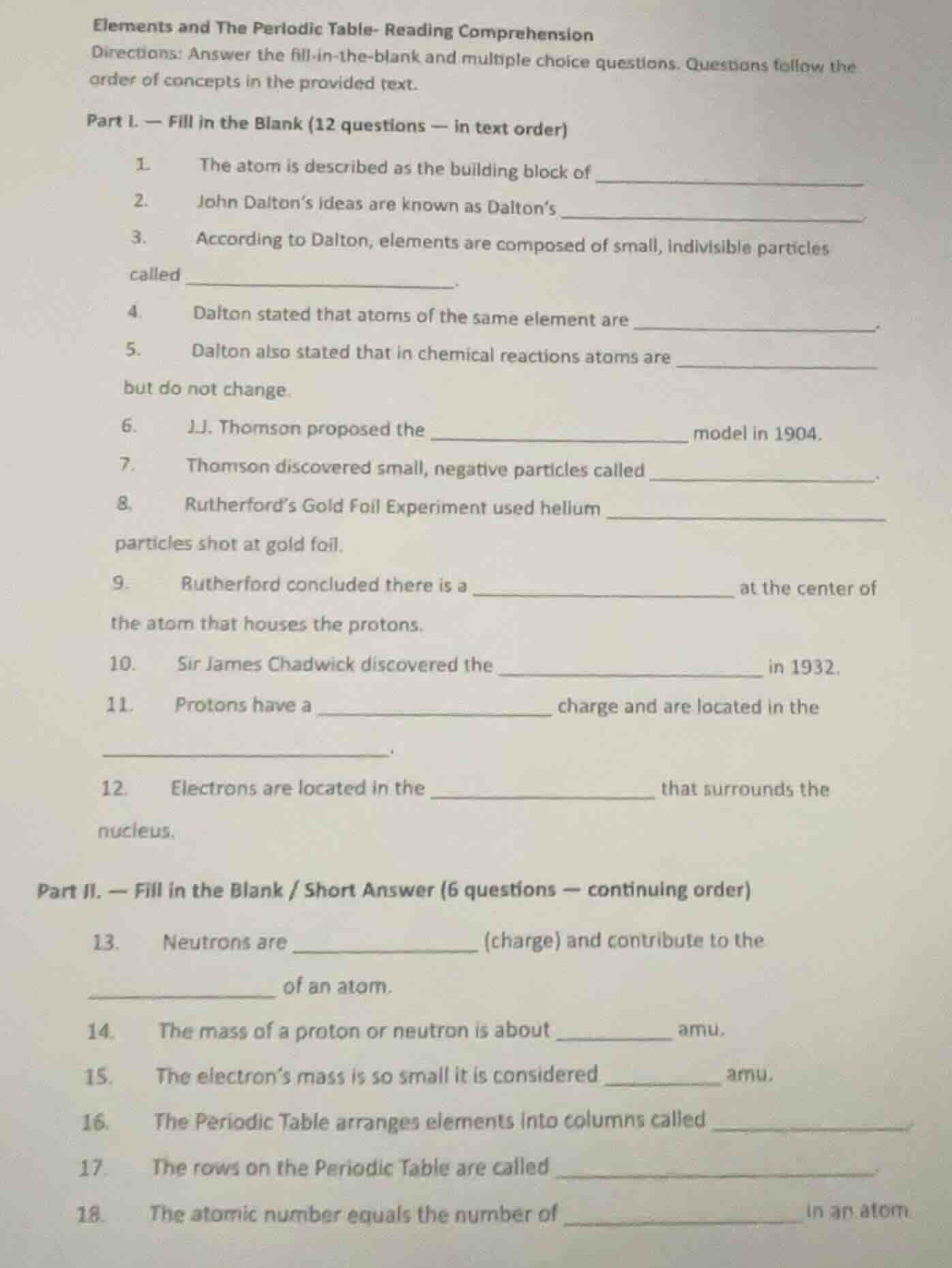 elements and the periodic table- reading comprehension directions: answ…