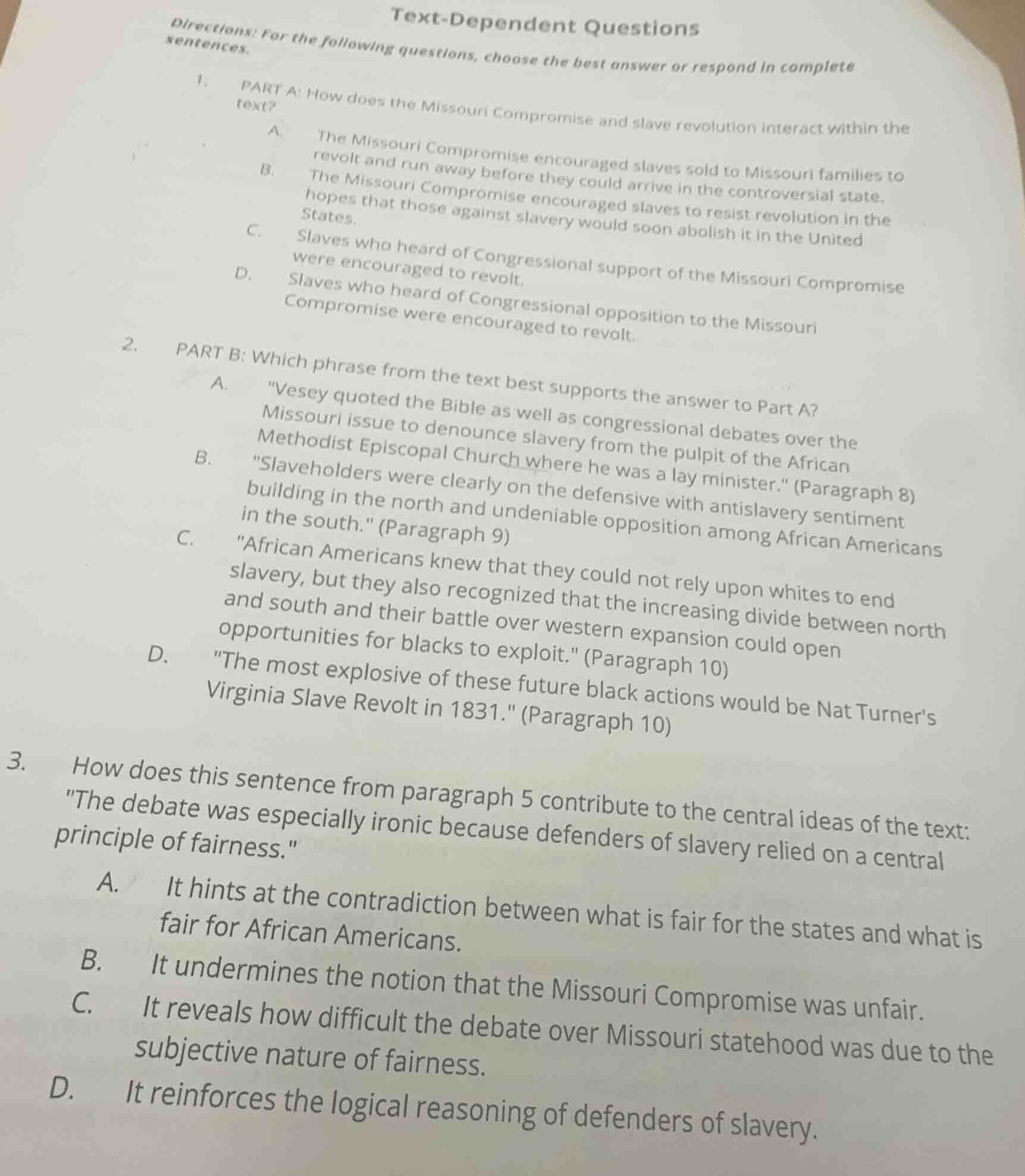text-dependent questions directions: for the following questions, choos…